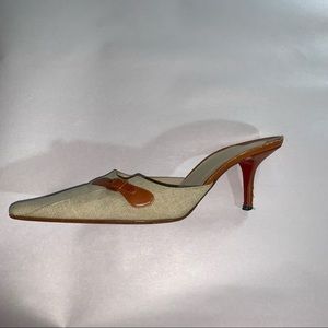 CHRISTIAN LOUBOUTIN size 37.5 natural linen/leather stilleto MULE pumps